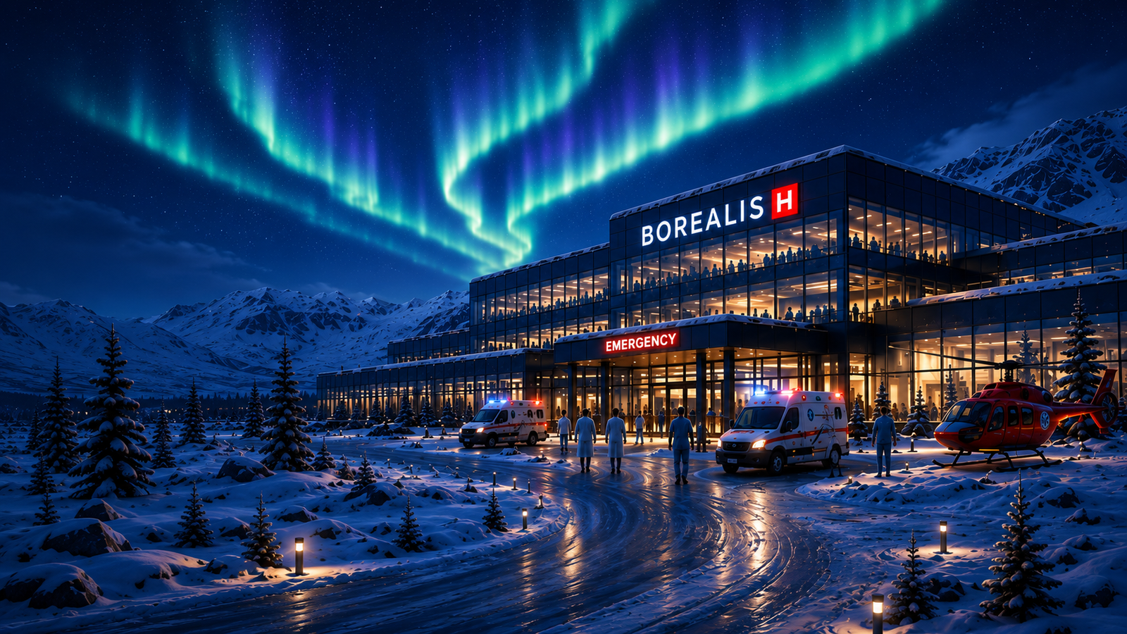 Borealish Arctic hospital under aurora