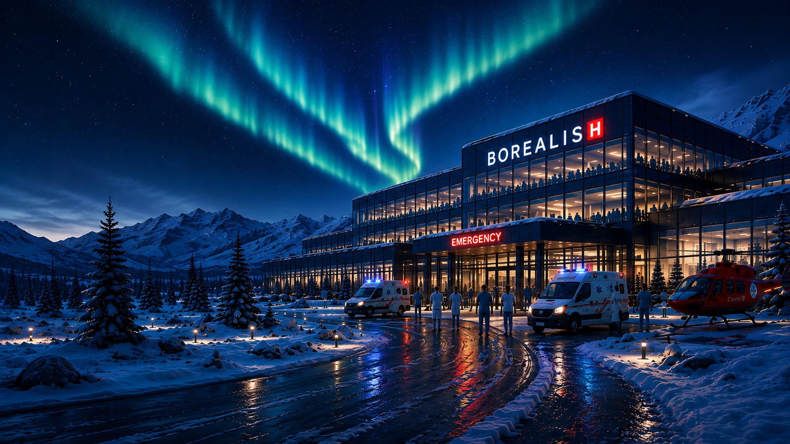Borealish hospital at Arctic twilight